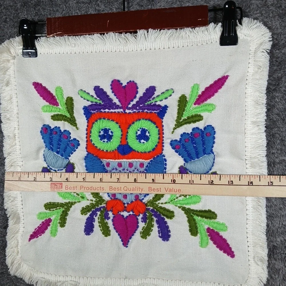 Vintage Embroidered Owl Crewel Pillow Cover 15x15 White Boho Decor